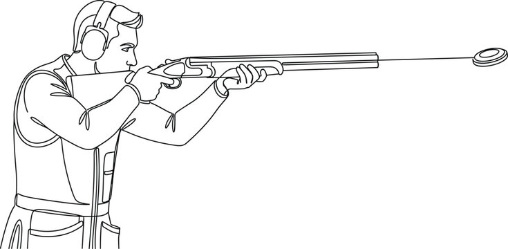 Clay Pigeon Shooting Continuous Line Art Illustration Featuring Skeet Shooter with Shotgun Rifle Aiming at Flying Target