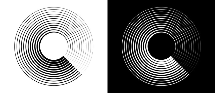 Abstract concentric circles, with an uneven thickened arc segment surrounding an empty circular gap, are perfect for technology and sound design.