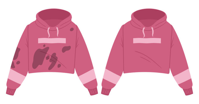 Pink hoodie comparison. Dirty and clean hooded sweatshirts showing clothing care before and after washing flat vector illustration set. Laundry concept isolated on white background