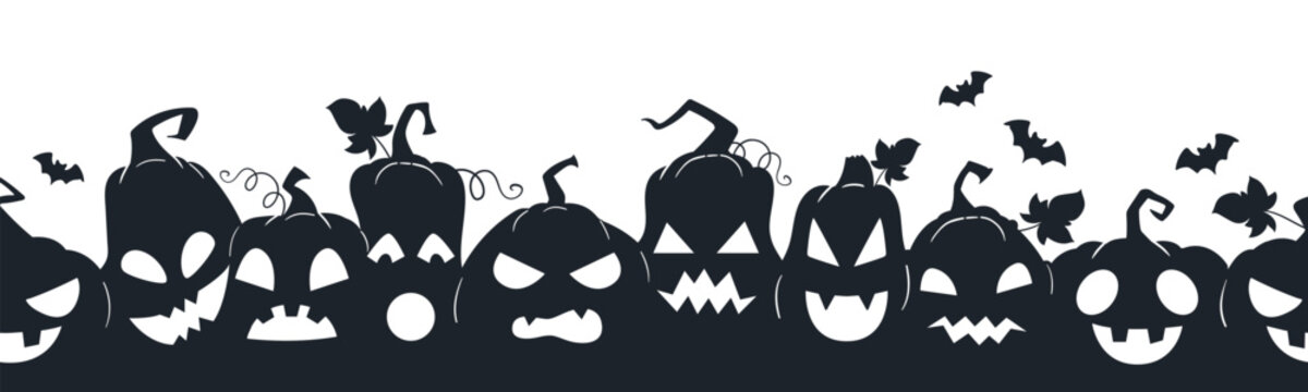 Spooky pumpkin seamless pattern. Halloween carved jack o lantern faces, scary squash lanterns silhouettes flat vector background illustration. Autumn holiday seasonal endless design