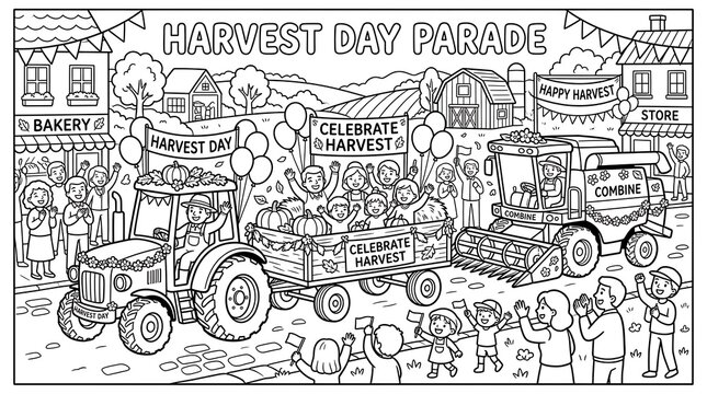 Festive harvest day parade with a tractor pulling a cart of pumpkins, a combine harvester, cheering crowds, and decorated village shops