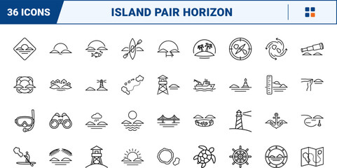 Fototapeta premium Island pair horizon line icon set. Vector pictograms of tropical, navigation, coastal, and maritime elements, thin linear illustration.