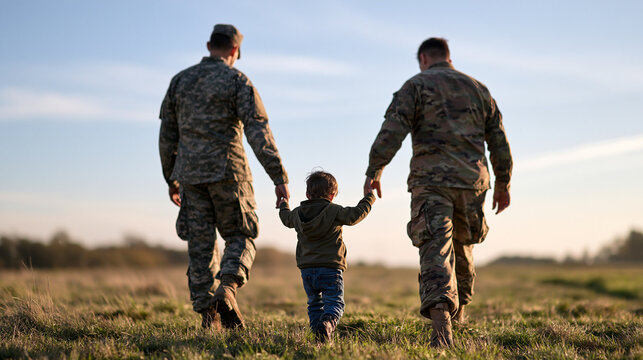 Rear view of service member in uniform walking hand in hand with a young child across an open field near a military base, soft afternoon light, tender reunion moment concept, famil