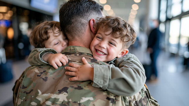 Rear view of service member in uniform kneeling to embrace two young children at an airport arrivals area, tender reunion moment concept, family, togetherness, indoor, with copy sp