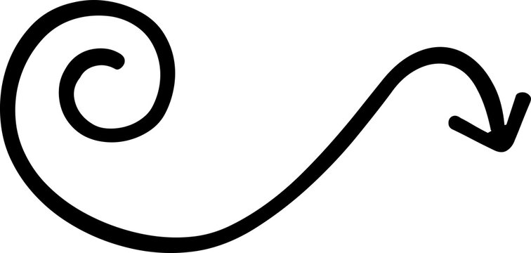 Black Spiral Curved Arrow PNG, Decorative Swirl and Circular Direction Movement Symbol Isolated on Transparent Background