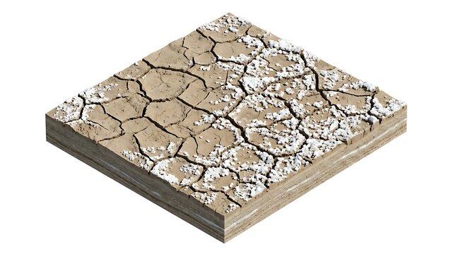 Isometric Square Block of Cracked Dry Earth Ground Texture Isolated on White Background