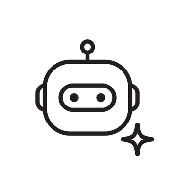 A clean and modern icon of a robot head with sparkling accent