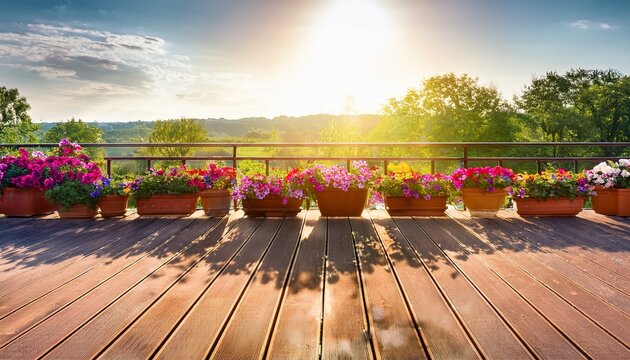 sunlit wooden deck lined with vibrant flowering pots along the railing