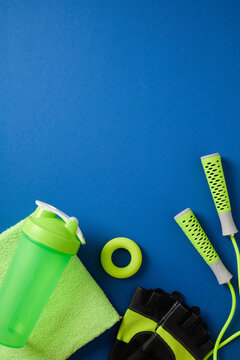 Green fitness equipment bottom border on dark blue background.