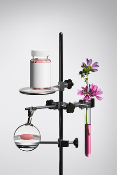 Vitamins on display with flowers in a lab setting