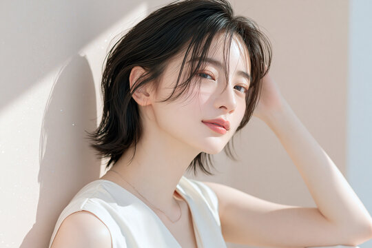 透明感のある白い肌の女性。ニュートラルトーンの背景。