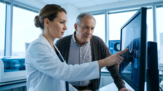 Doctor explaining brain scan results to senior male patient.