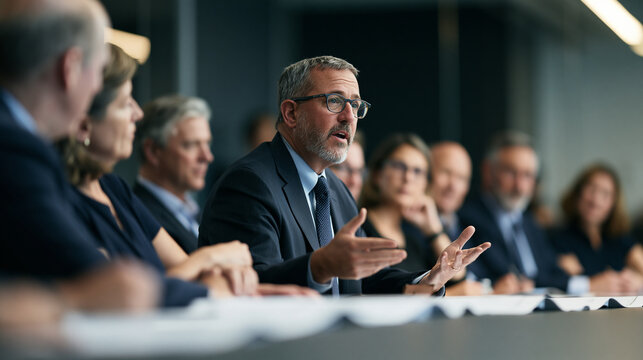 A boardroom mid-meeting, nine executives seated around a long table reviewing printed documents, one man in the foreground gesturing while speaking, natural candid engagement, cine