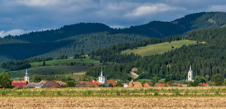 Three Churches in a Transylvanian Village, representing Armenian Catholic, Romanian Orthodox and Roman Catholic traditions, Romania.
