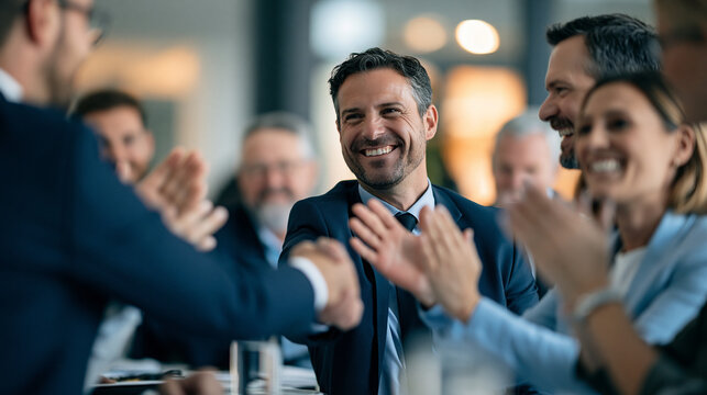 A boardroom mid-meeting, eight executives around a table, two people shaking hands across the table while others applaud softly, celebratory but composed atmosphere, cinematic stil