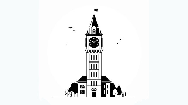 Historic clock tower building facade with stylized trees and sky