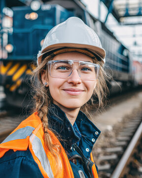 Smiling female railway worker wearing safety gear stands confidently on train tracks with a locomotive in the background.