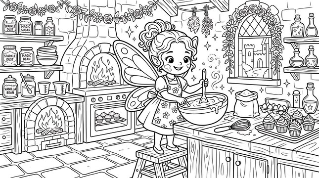 Little fairy baking cupcakes in a magical kitchen coloring page with a fireplace, flour, jars of ingredients, and a window overlooking a castle