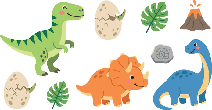 Kawaii dinosaurs bundle showing friendly t-rex orange triceratops and blue brachiosaurus with cracked dinosaur eggs and tropical monstera leaves flat design vector