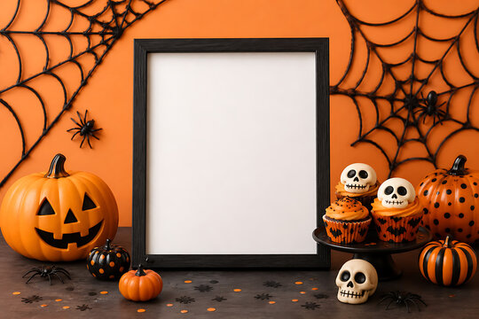Halloween Table Mockup With Black Picture Frame Pumpkins And Orange Background Perfect for seasonal typography presentations, holiday product displays, and party announcements.