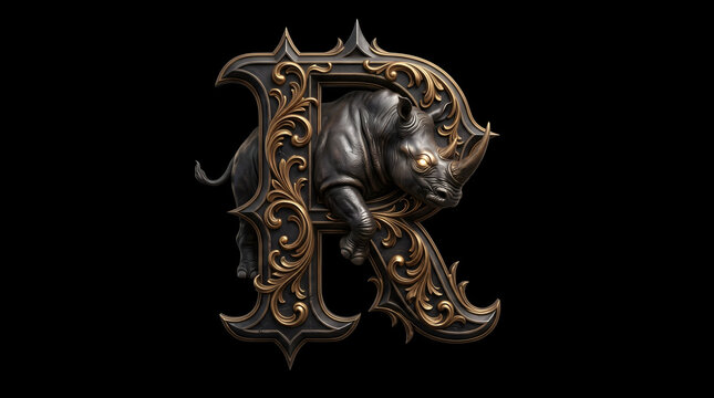 Majestic Rhinoceros within Ornate Metallic Letter R with Glowing Eyes on Black Background. Intricate Bronze and Dark Metal Design Symbolizing Power, Strength, and Luxury.