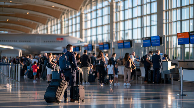 Crowded airport check-in area with dozens of travelers lined up at multiple counters, families and business travelers with rolling suitcases, tall glass windows letting in bright d