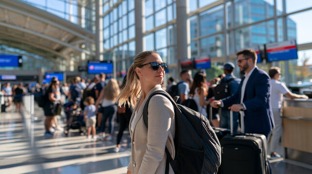 Crowded airport check-in area with dozens of travelers lined up at multiple counters, families and business travelers with rolling suitcases, tall glass windows letting in bright d