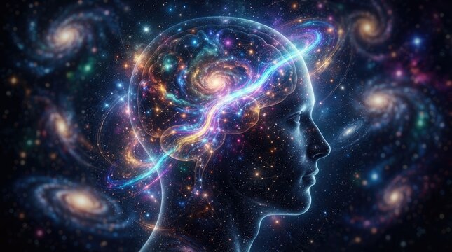 A serene woman&rsquo;s head is depicted against a backdrop of swirling galaxies and nebulae.