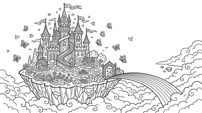 Magical floating castle on an island in the sky with a rainbow bridge, butterflies, clouds, and stars coloring page for children to color in
