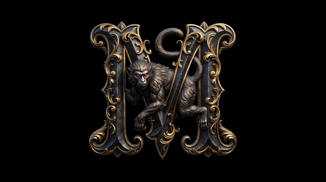 Ornate Gothic Letter M Monogram with Intricate Monkey Sculpture, Dark Fantasy Vintage Lettering with Gold Filigree on Black Background