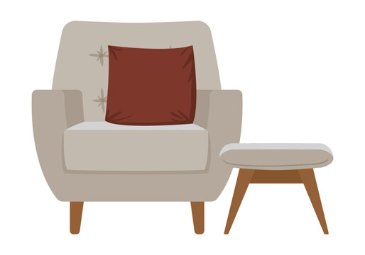 Beige armchair and ottoman. Upholstered lounge chair with matching footstool flat vector illustration. Mid century home furniture isolated on white background