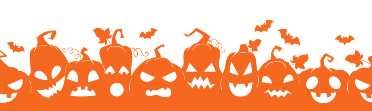 Carved Halloween pumpkin seamless border. Row of carved jack o lantern spooky faces with leaves and bats flat vector illustration. Spooky holiday endless background