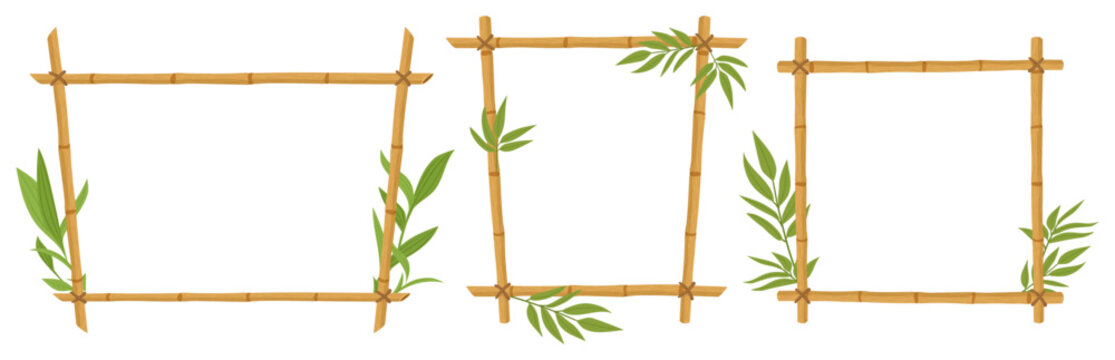 Bamboo frame collection. Empty rectangular bamboo borders decorated with green leaves flat vector illustration set. Natural sign templates isolated on white background