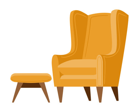 Cartoon armchair and stool. Soft wingback chair with matching wooden footstool flat vector illustration. Classic home furniture isolated on white background