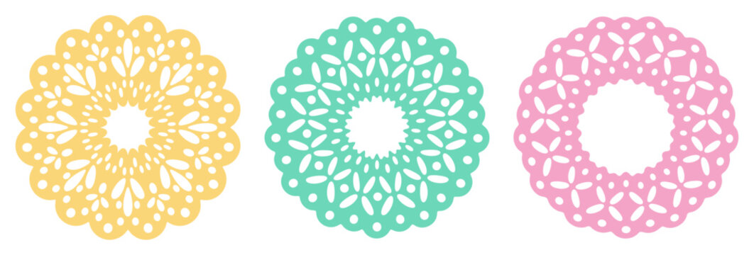 Colorful lace doilies. Round crochet ornaments in yellow, green and pink flat vector illustration set. Decorative textile motifs isolated on white background