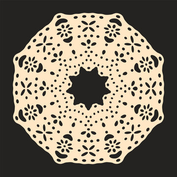 Floral lace doily. Round crochet ornament with intricate flower cutouts flat vector illustration. Vintage table decoration element
