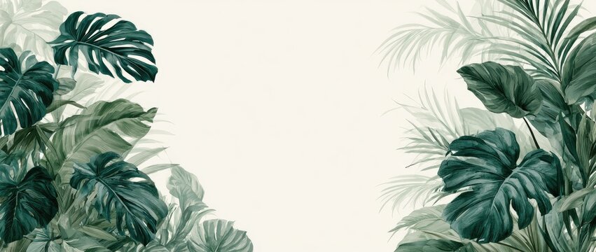 A border of lush, deep green tropical leaves against a pale cream background