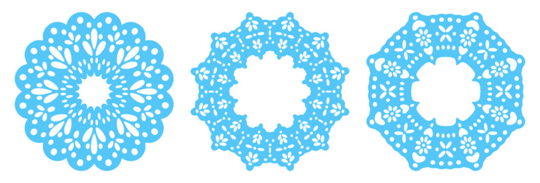 Hand drawn lace ornaments. Intricate round crochet doilies with floral cutout patterns flat vector illustration set. Decorative textile elements isolated on white background