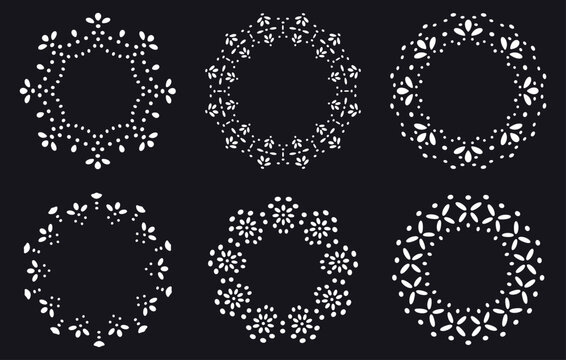 Lace wreath collection. Round ornamental decoration and delicate floral patterns flat vector illustration set. Vintage textile frames
