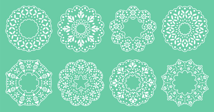 Intricate round crochet ornaments. Lace doily with floral cutout designs flat vector illustration set. Vintage round decorations on mint background