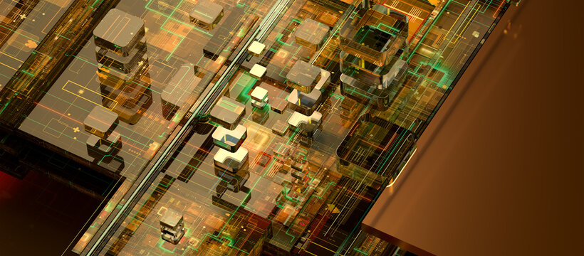 Digital information technology architecture: Multilayer network grid representing data flow, quantum computational systems, virtual infrastructure design. AI data science cybersecurity. 3D, copy space