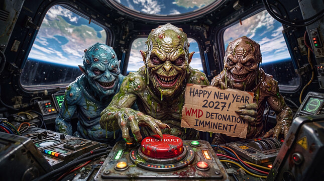Group of hideous alien monsters in a spaceship cockpit pressing destruct button with Happy New Year 2027 sign and Earth in background