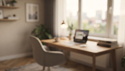 Fototapeta premium Fully blurred remote work apartment wallpaper with a cozy desk, laptop silhouette, warm lighting, natural wood, soft plants, creamy bokeh, and a peaceful work-from-home atmosphere.