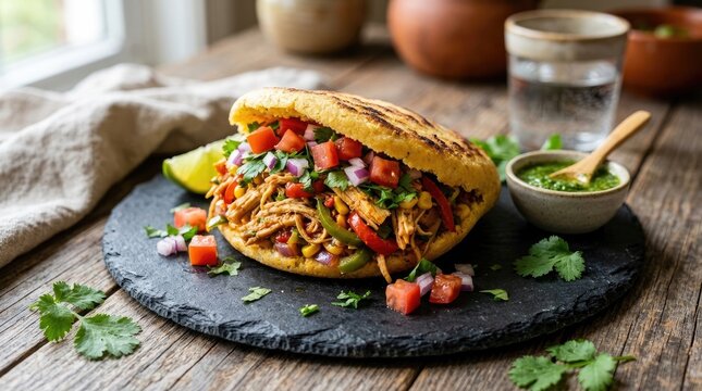 A close-up shot of a Venezuelan arepa filled with shredded chicken, vibrant salsa, and fresh herbs.