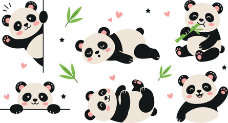 Kawaii baby panda bear bundle showing different daily activities like waving eating food resting rolling over and smiling in cheerful design clip art vector © MDSHAHINALAM