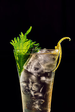 Elegant crystal cocktail glass filled with ice, fresh perilla leaf 