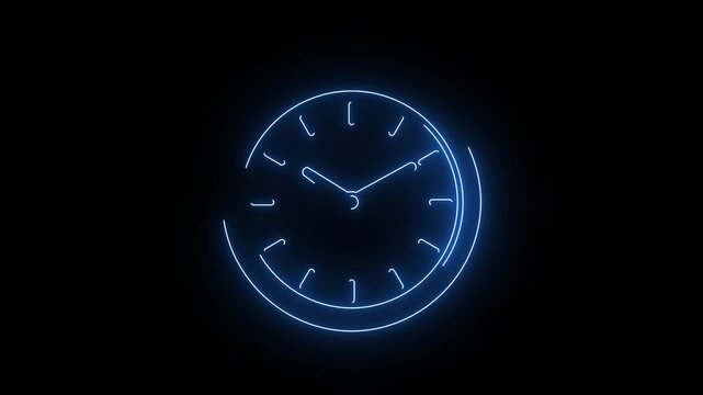 Glowing Blue Neon Round Wall Clock with Double Frame Rim Animation Isolated on Black Background Loop
