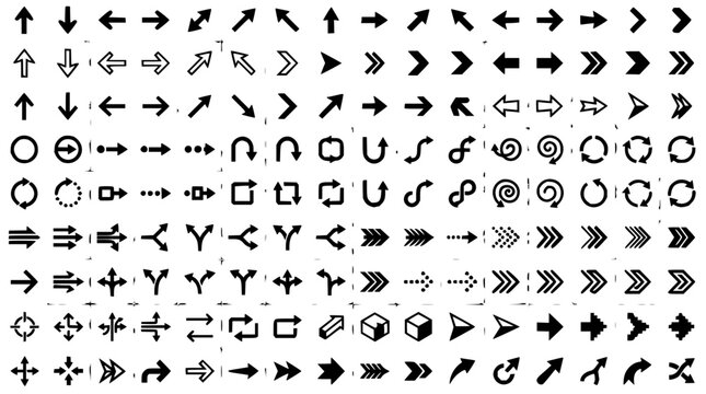 Grid of arrow icons set with directional symbols featuring up, down, left, right, and diagonal arrows with thin lines and flat design