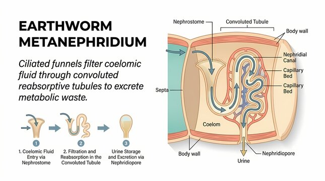 Detailed Diagram Of Earthworm Metanephridium Excretory System And Filtration.