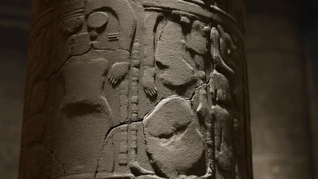 Ancient stone column with carved relief figures and cracked weathered surface in dim interior